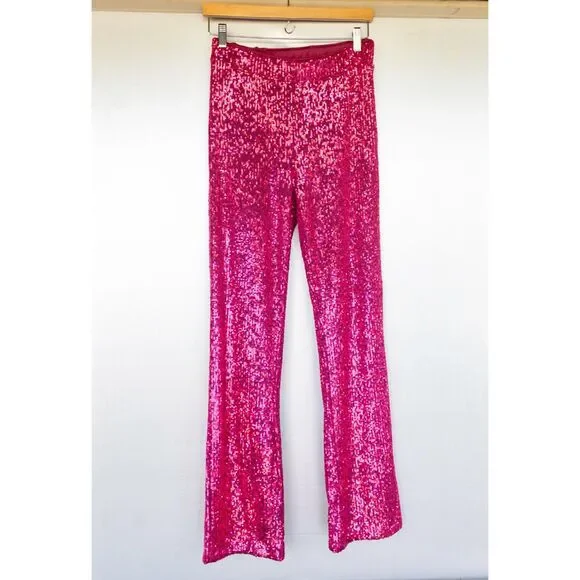 Rachel Zoe Pink Glitter Sequin High Waist Straight Leg Pull On Pants Size S - Picture 2 of 9